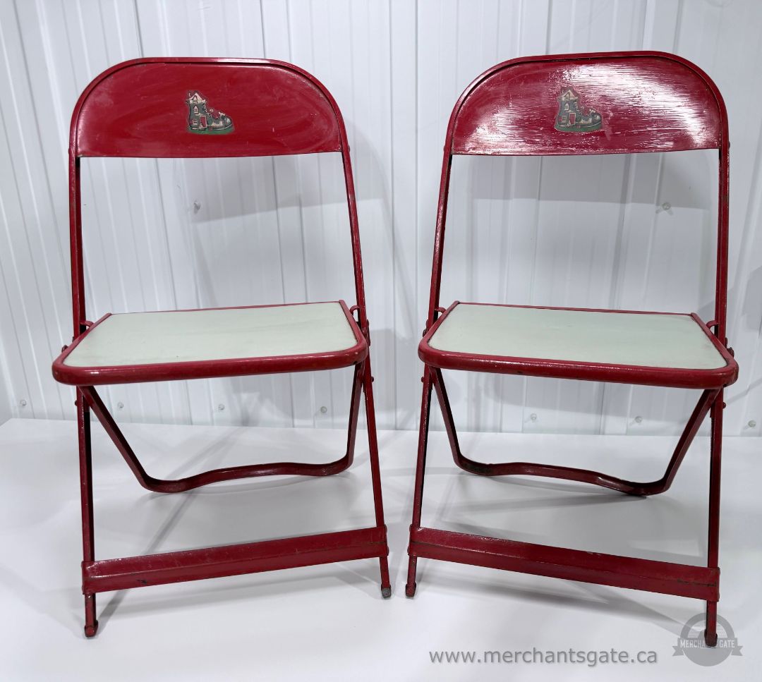 Vintage Red Painted Metal Folding Chairs Pair Padded Seats Retro Utility Chairs