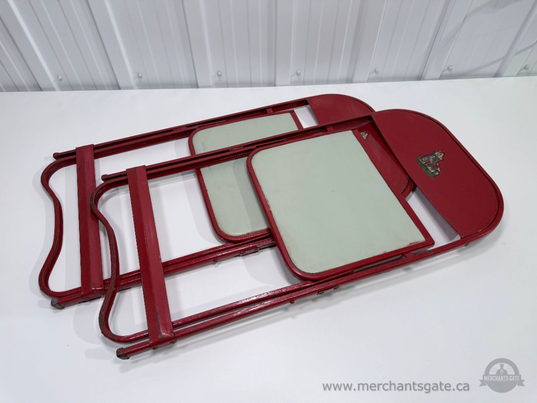Vintage Red Painted Metal Folding Chairs Pair Padded Seats Retro Utility Chairs