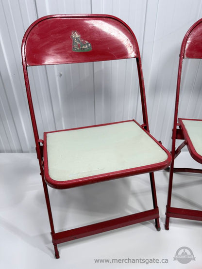Vintage Red Painted Metal Folding Chairs Pair Padded Seats Retro Utility Chairs