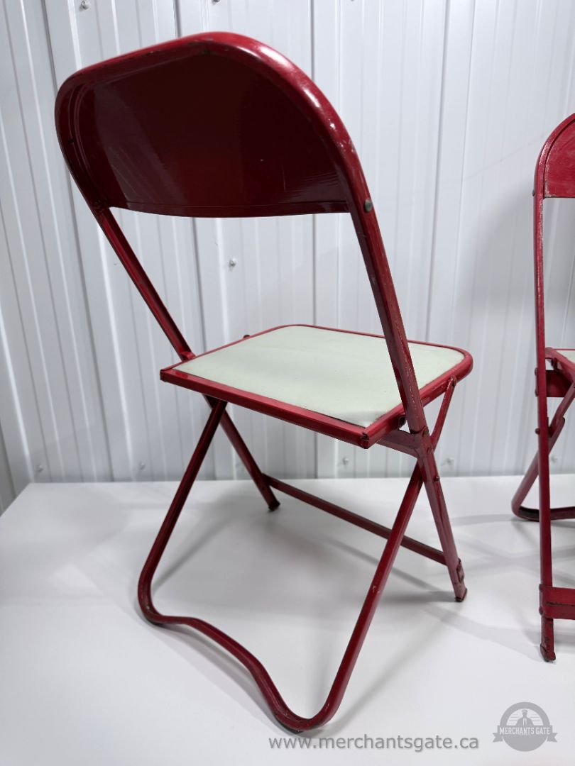 Vintage Red Painted Metal Folding Chairs Pair Padded Seats Retro Utility Chairs