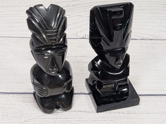 Obsidian Gold Sheen Hand Carved Tribal Figures Pair 4.25" Sculptures