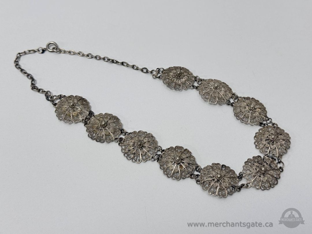Vintage Sterling Silver Filigree Floral Link Bracelet 7 Inch