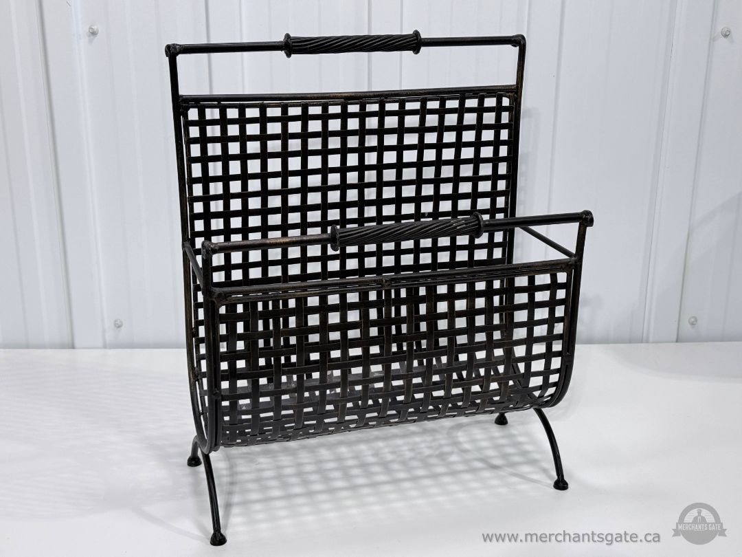 Vintage Heavy Wrought Iron Magazine Rack Black Woven Metal Holder