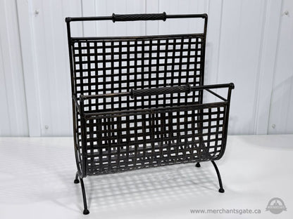 Vintage Heavy Wrought Iron Magazine Rack Black Woven Metal Holder