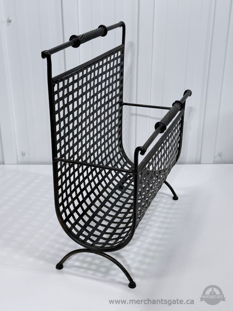 Vintage Heavy Wrought Iron Magazine Rack Black Woven Metal Holder