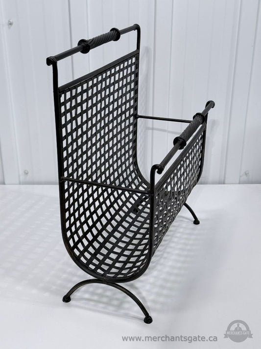 Vintage Heavy Wrought Iron Magazine Rack Black Woven Metal Holder