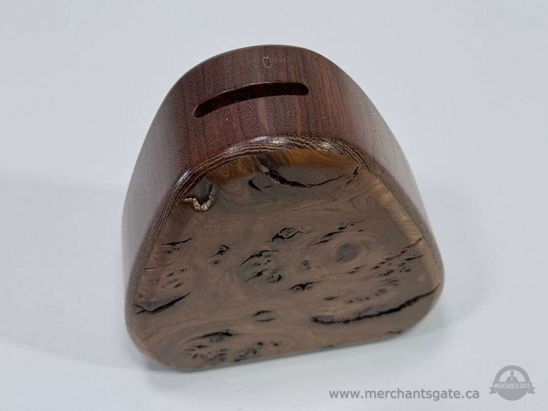 Vintage Handcrafted Burl Wood Bank Signed 1989 Natural Edge Coin Bank