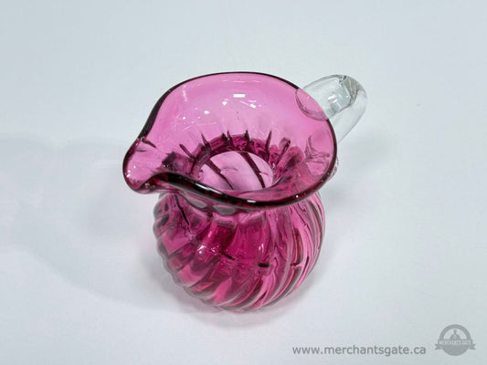 Cranberry Glass Creamer Pitcher Swirl Pattern Small Handled Pour Jug 4"